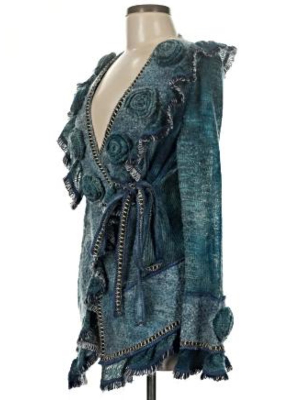 Stylish Boston Proper Teal Textured Wrap Cardigan Jacket Rosette Detail Size M - Picture 8 of 12